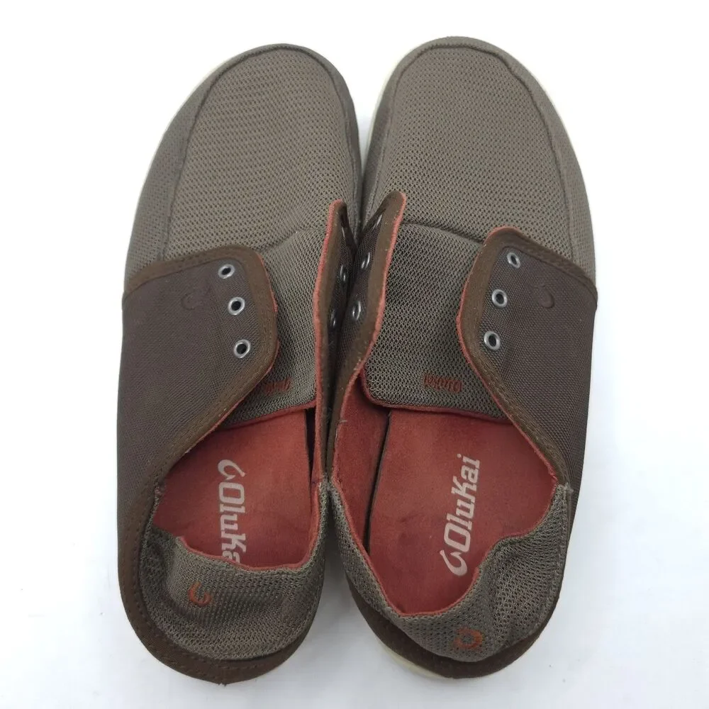 Olukai Nohea Lace Mesh Men’s SZ 9.5 Slip On Comfort Casual Boat Shoes Brown
